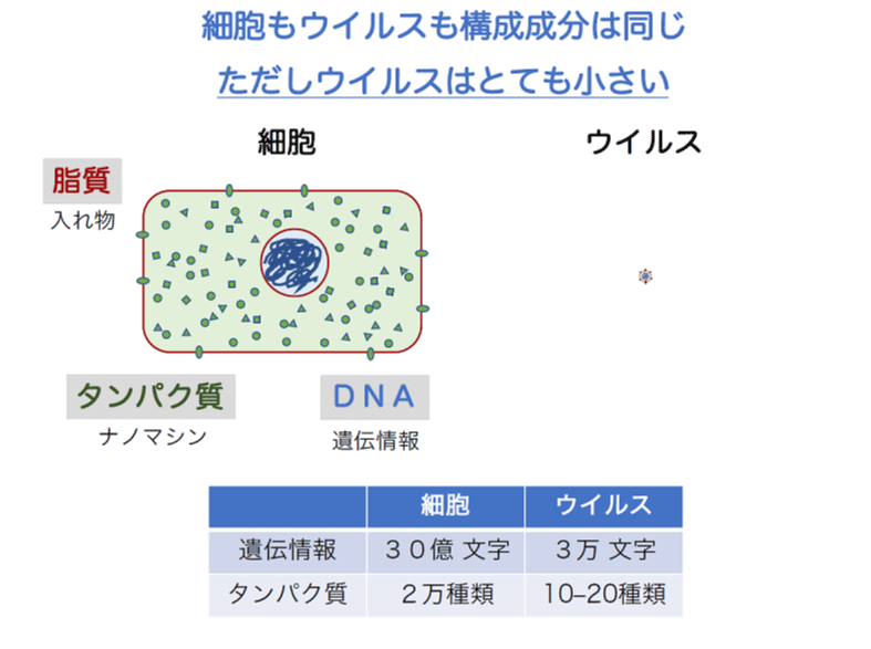 細胞もウイルスも構成成分は同じ。ただしウイルスはとても小さい